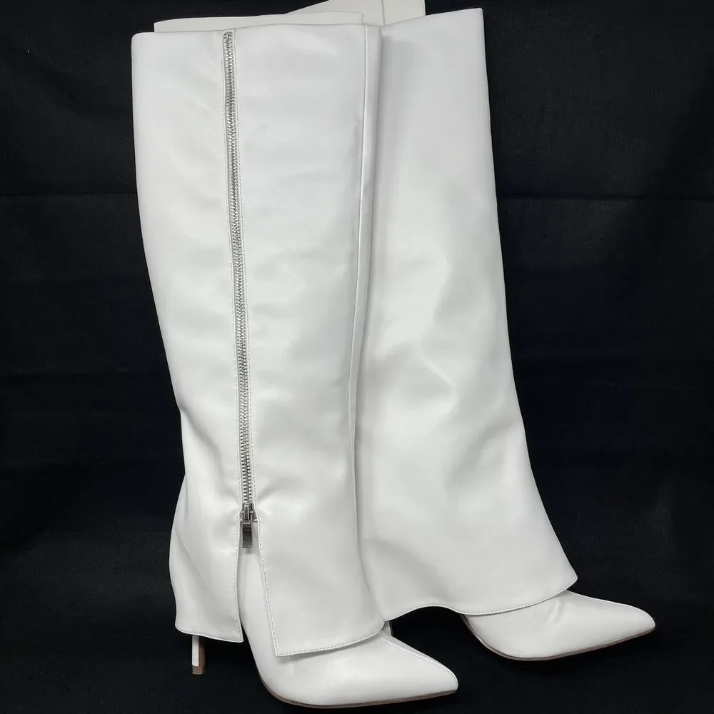 Pretty Little Thing White‎ Pointed Fold Over Stiletto Heel Knee Boots NIB Size 5